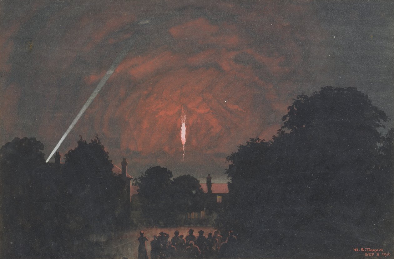 A Zeppelin, ami Cuffleyban esett, 1916 (wc és testszín papíron) alkotó: William Stephen Tomkin