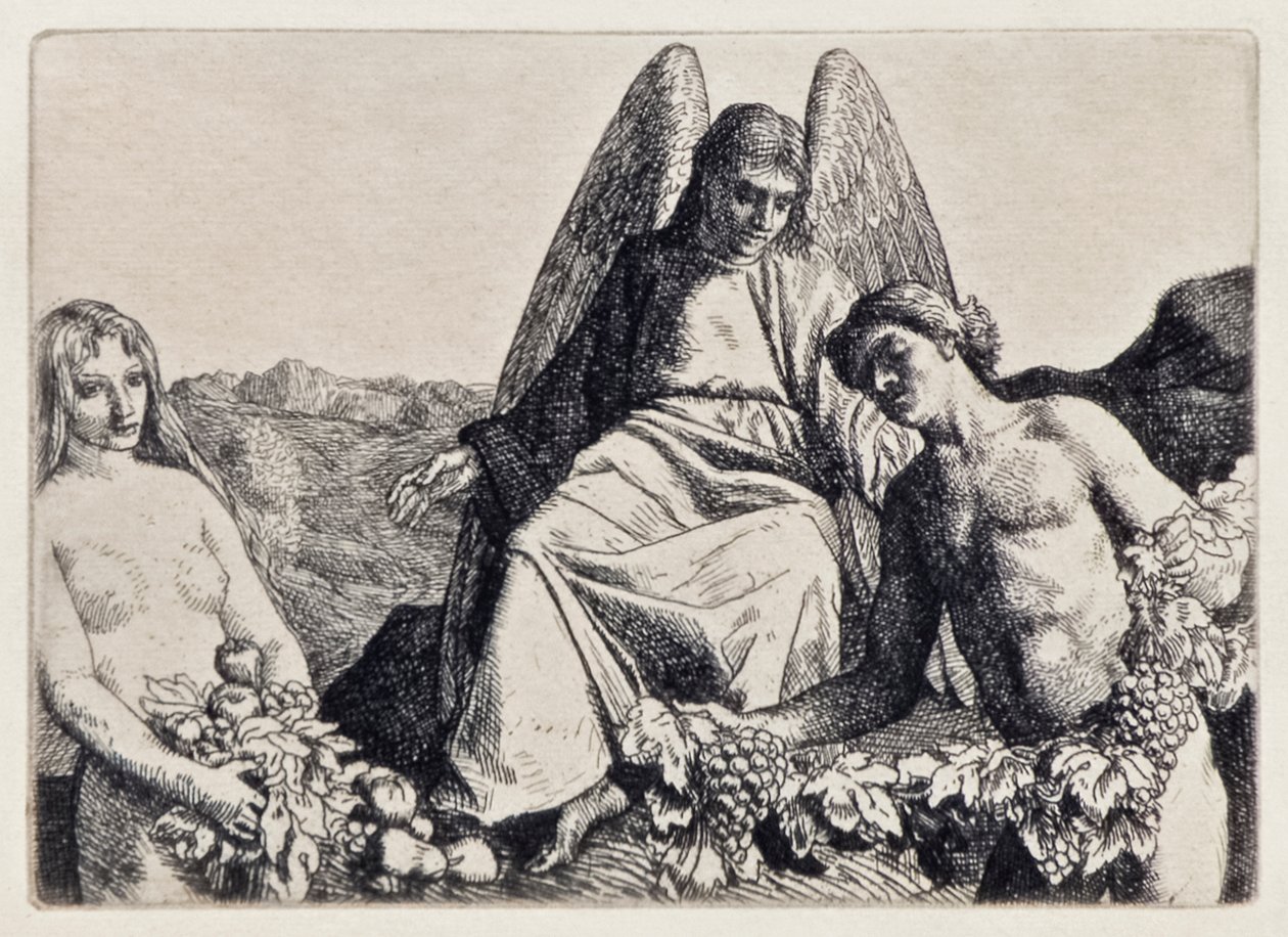 Adam és Éva szórakoztatja Raphaelt az Elveszett paradicsomból, John Milton (1608-1674) egy 12 illusztrációból álló sorozatot, amelyet William Strang (1859-1921) vésett. alkotó: William Strang