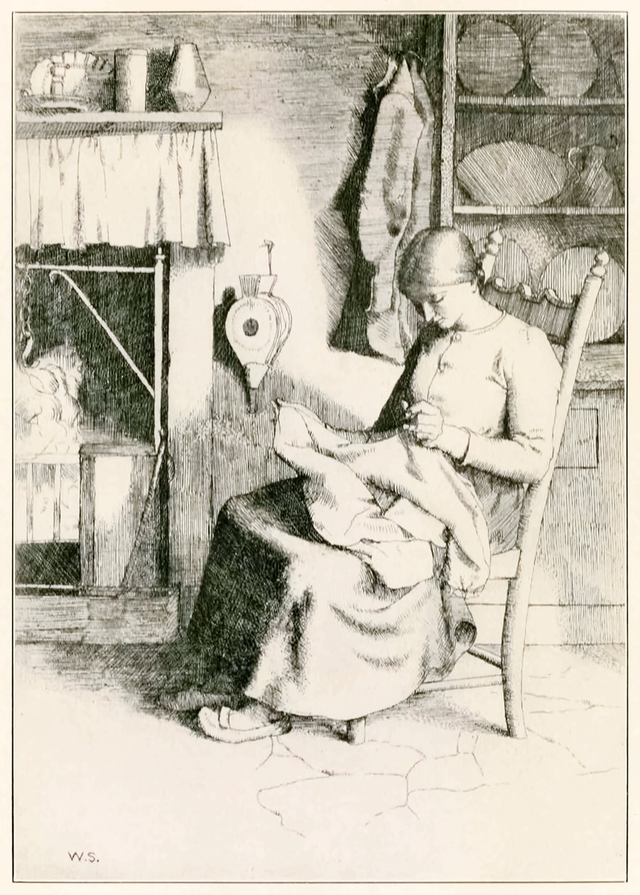Az irgalmasság munkája során A zarándokok előrehaladása ebből a világból, az eljövendőbe John Bunyan (1628-1688) Illusztráció: William Strang (1859-1921) Az irgalom a szegények dolgait készíti és javítja. alkotó: William Strang