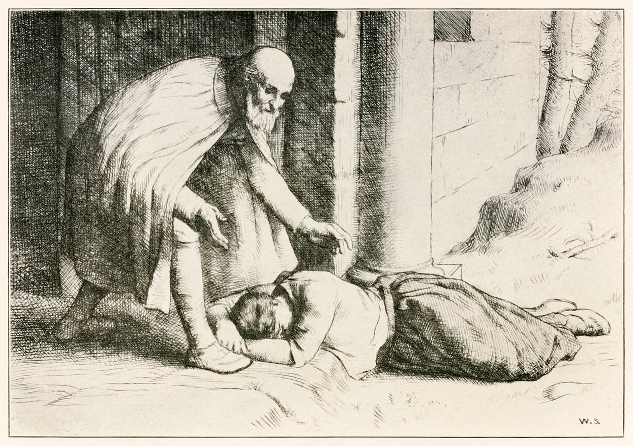 Mercy elájul a kapu előtt A zarándokok előrehaladása ebből a világból, az eljövendőbe című filmből John Bunyan (1628-1688) Illusztráció: William Strang (1859-1921) A kapuőr segít Mercynek, aki f alkotó: William Strang