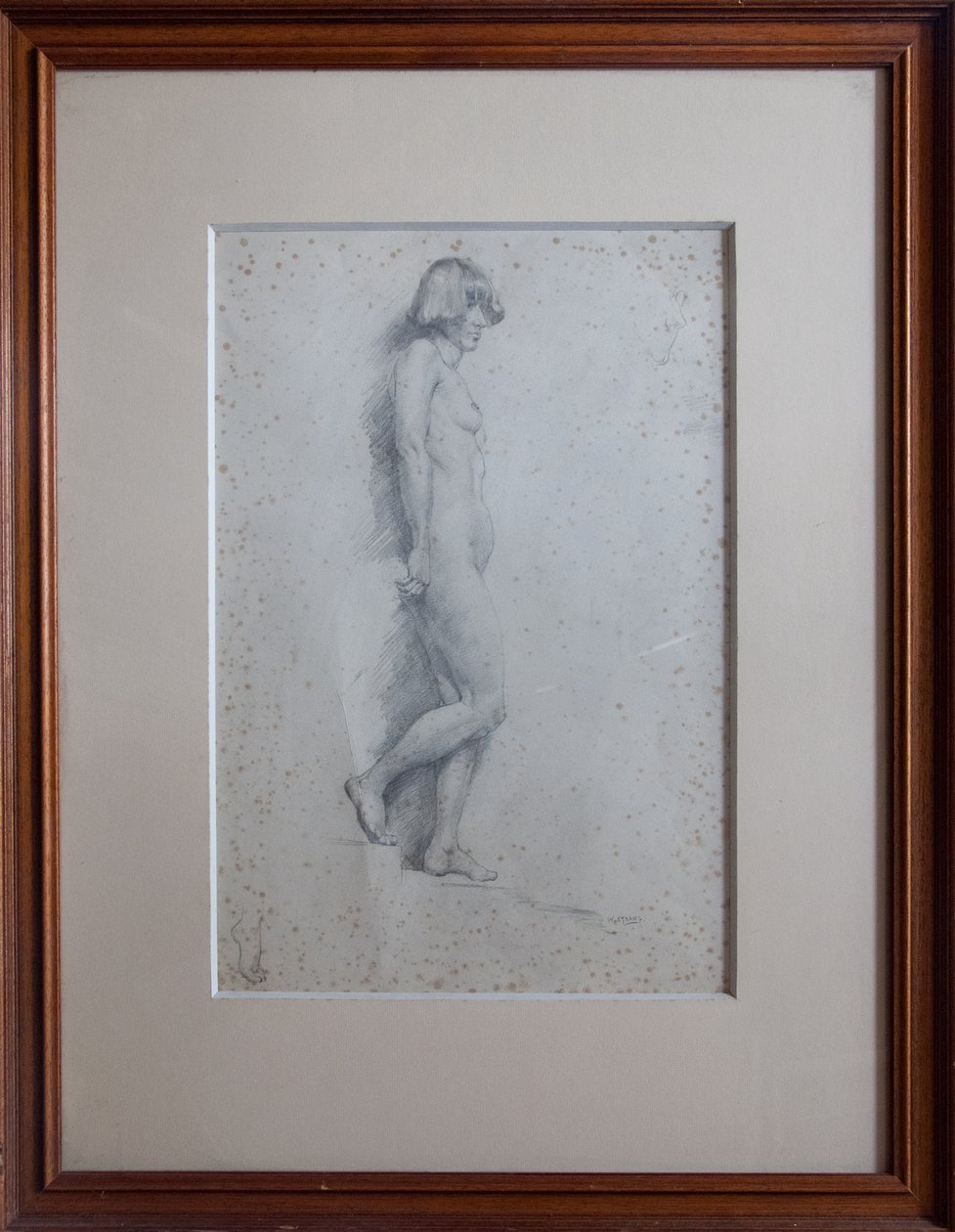 Akt, teljes hosszúságú profilnézet, jobb láb emelve alkotó: William Strang