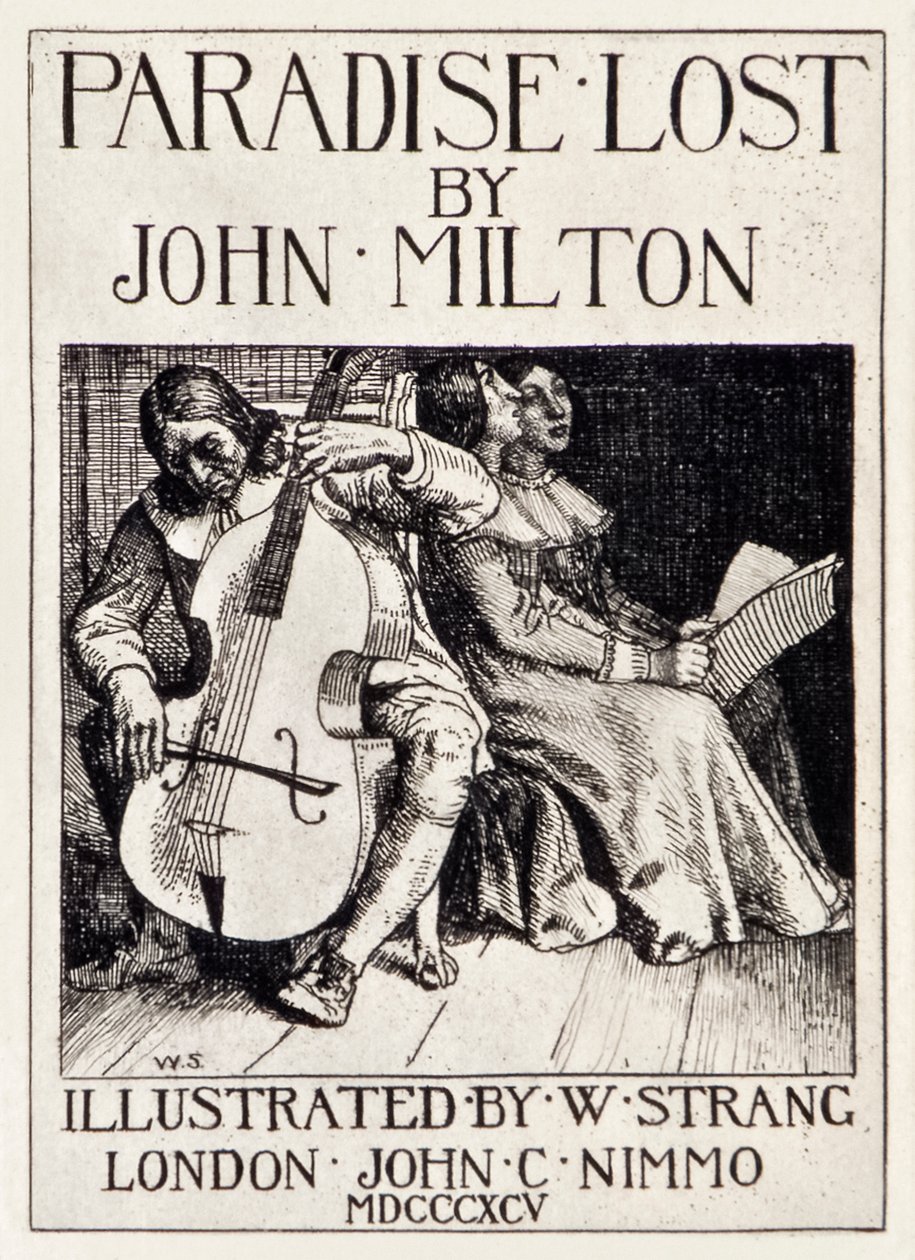 Címlap az Elveszett Paradicsomból, John Milton (1608-1674) 12 illusztrációból álló sorozat, amelyet William Strang (1859-1921) vésett, és Milton csellóját mutatja lányainak. alkotó: William Strang