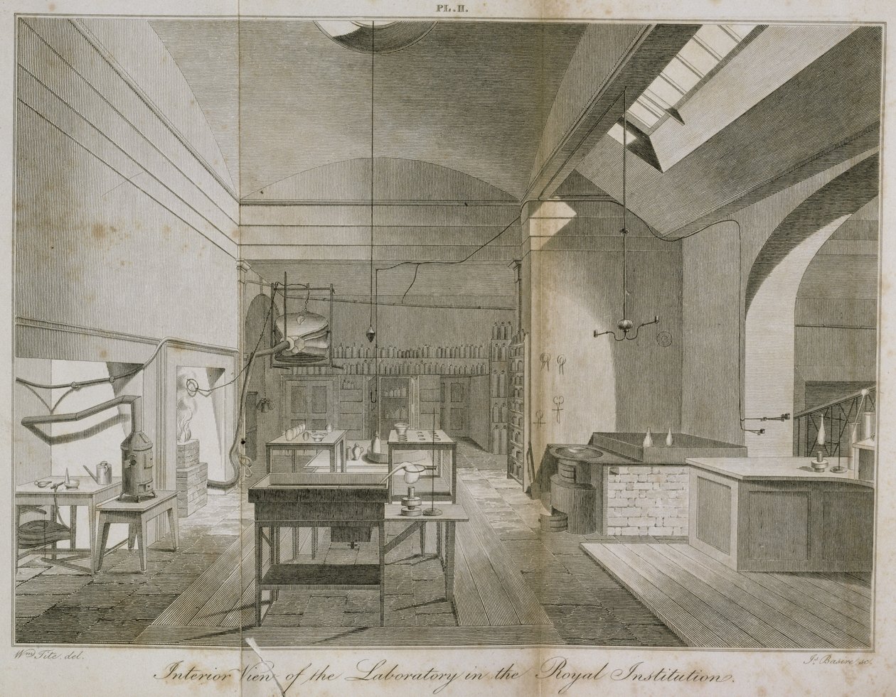 A Royal Institutions alagsori laboratóriumának belseje, W.T. Brande Kémiai kézikönyvéből, James Basire metszet, 1819-es rézkarc alkotó: William Tite