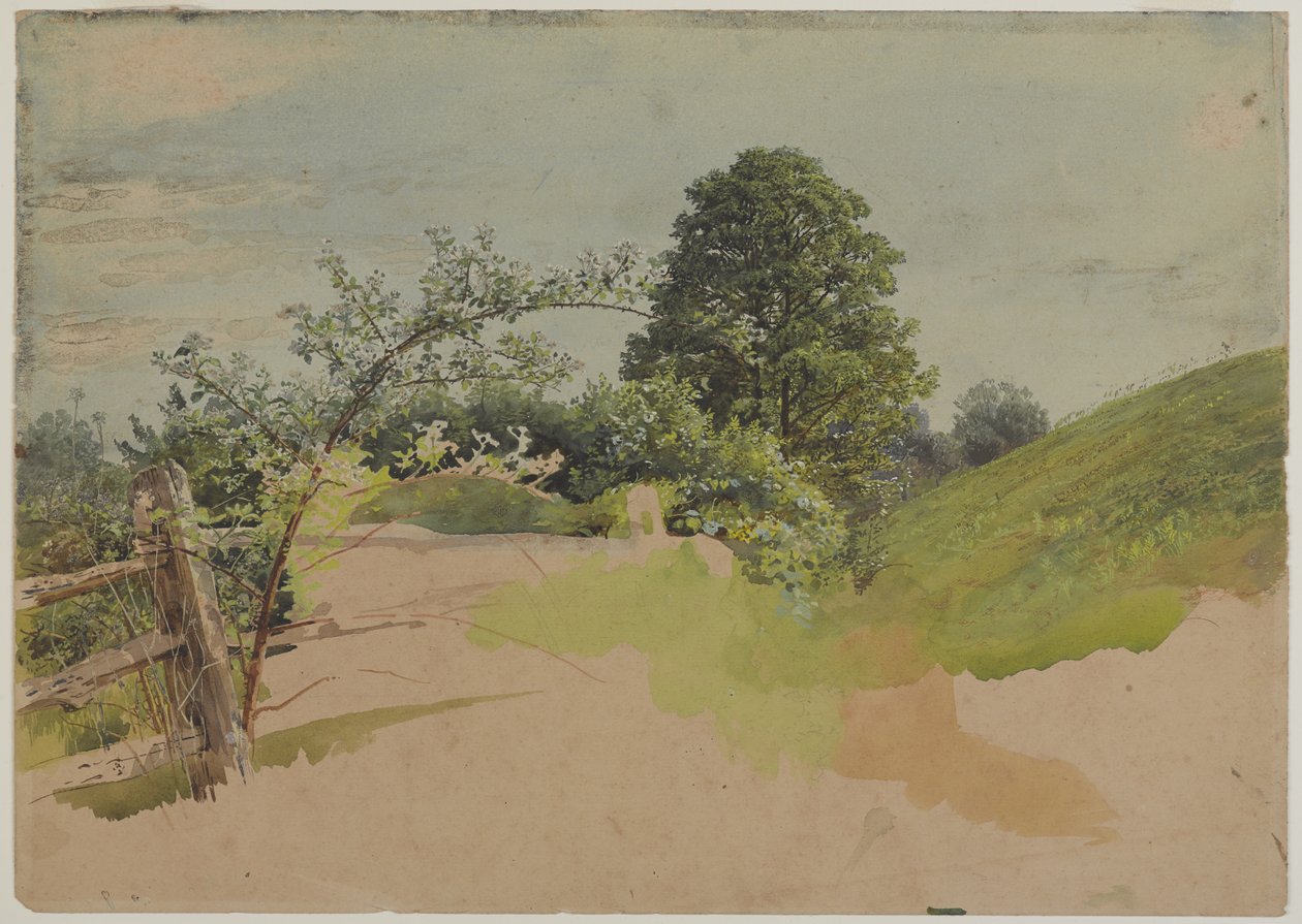 Táj kerítéssel, 1870-1880-as évek (átlátszó és átlátszatlan wc grafittal, szőtt papíron) alkotó: William Trost Richards