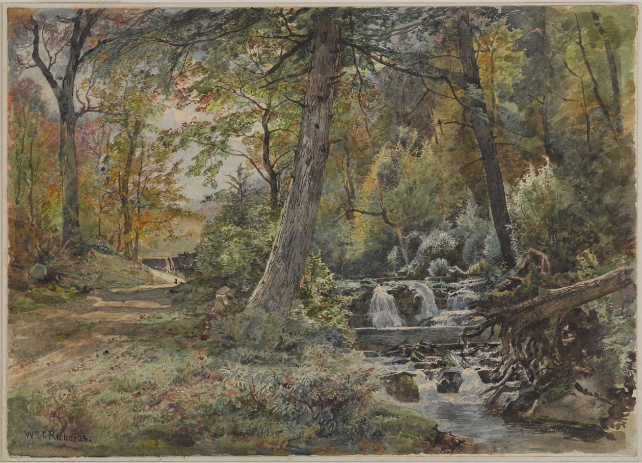 Táj patakkal és úttal, Chester megye, 1886 körül (wc grafit felett törtfehér, közepesen vastag, közepesen texturált szőtt papíron) alkotó: William Trost Richards