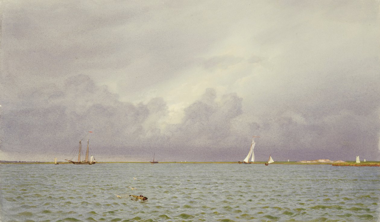 Tengerészgyalogos jachtokkal, 1865-75 (wc és gouache zöld-szürke szőtt papíron) alkotó: William Trost Richards