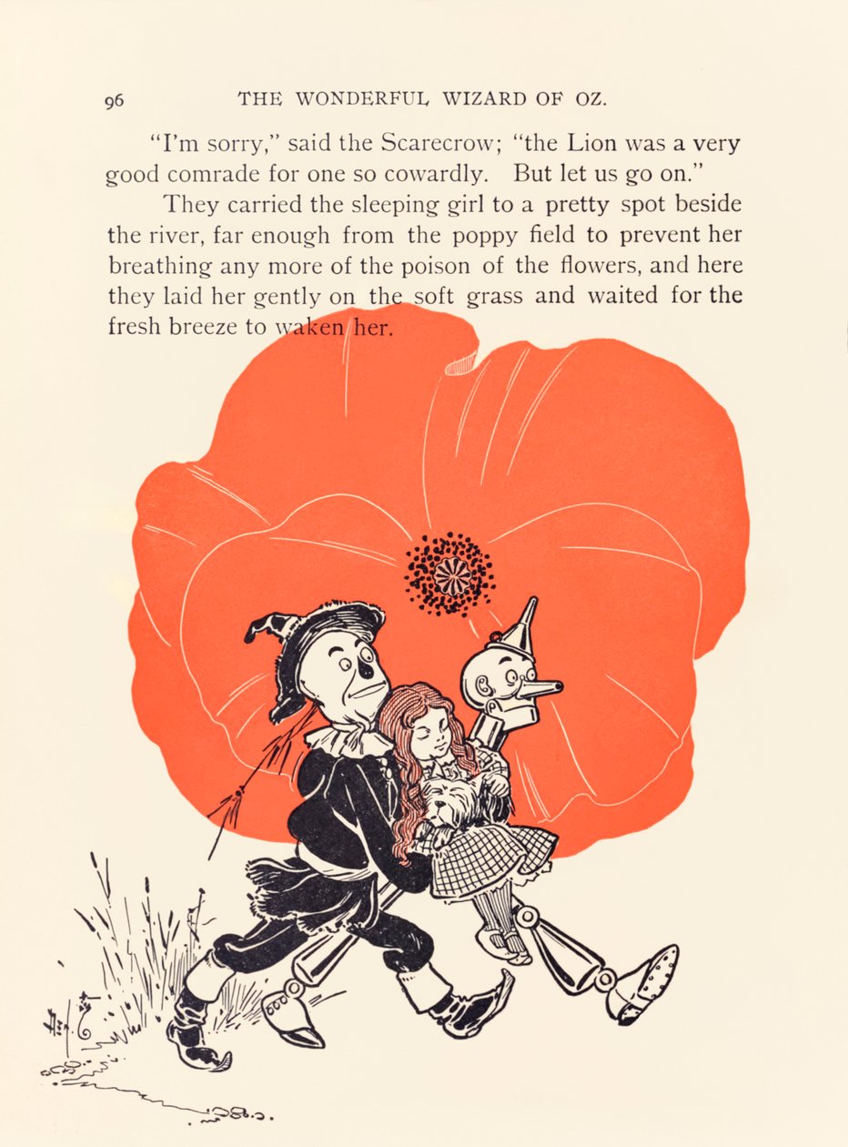 A Madárijesztő és Bádog Favágó kimenti Dorothyt a halálos mákföldről, a ?The Wonderful Wizard of Oz? L. Frank Baum alkotó: William Wallace Denslow