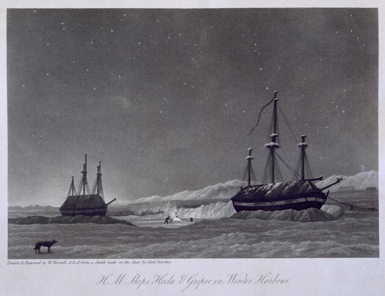 A Hecla és a Griper hajók a téli kikötőben, a William Edward Par által 1819-20-ban az Atlanti-óceántól a Csendes-óceánig vezető északnyugati átjáró felfedezésére tett utazás naplójából. alkotó: William Westall