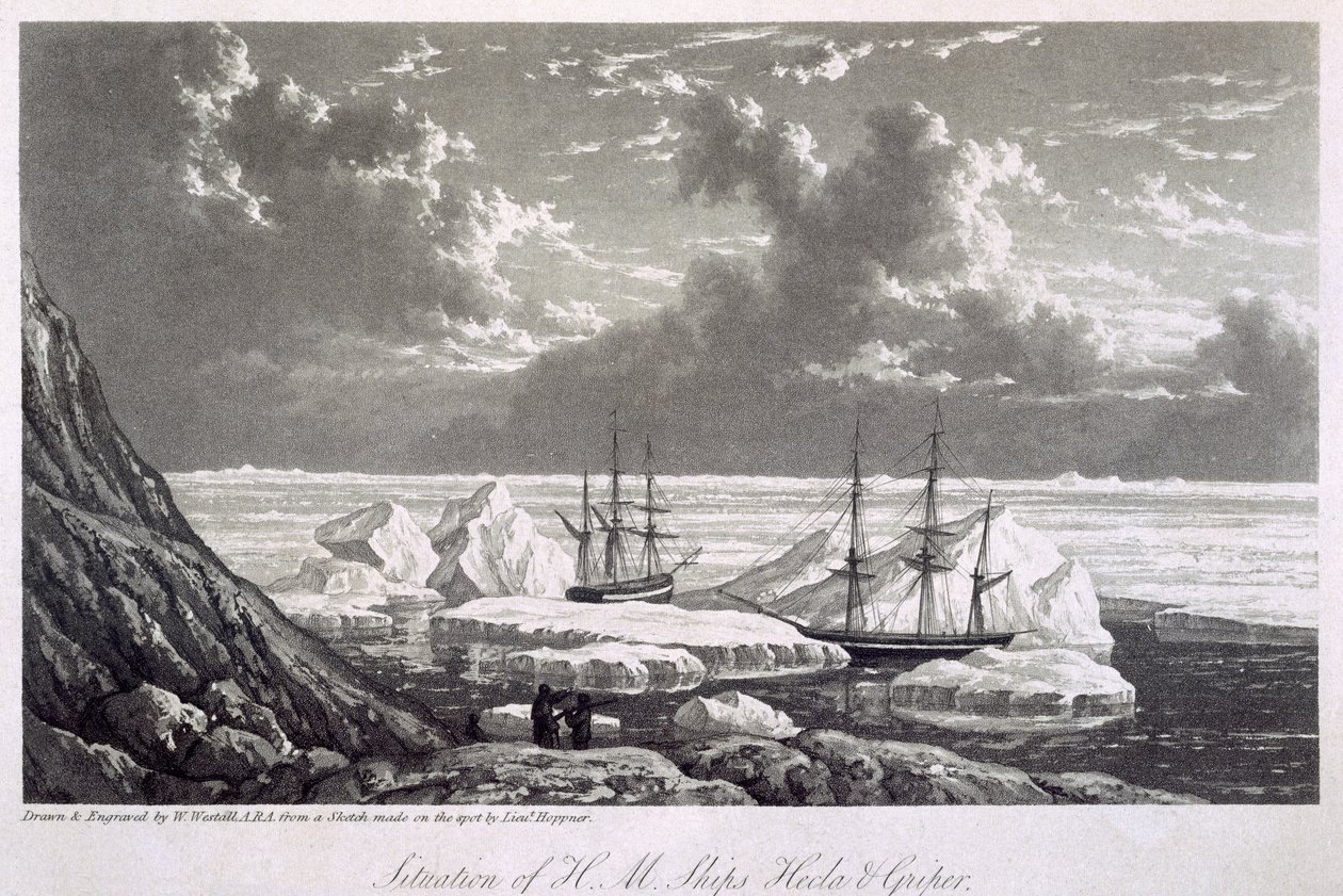H.M. A Hecla und Griper hajókat 1820. augusztus 17. és 23. között szállítja, a „Journal of a Voyage for the Discovery of the Discovery of the North West Passage from Atlantic the Pacific, the Y alkotó: William Westall