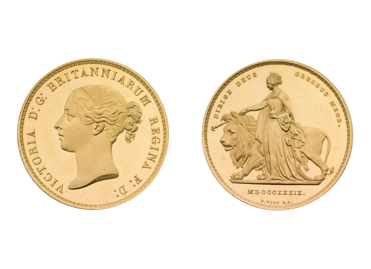 Una és az oroszlán minta 5 GBP darab, 1839 (arany) alkotó: William Wyon