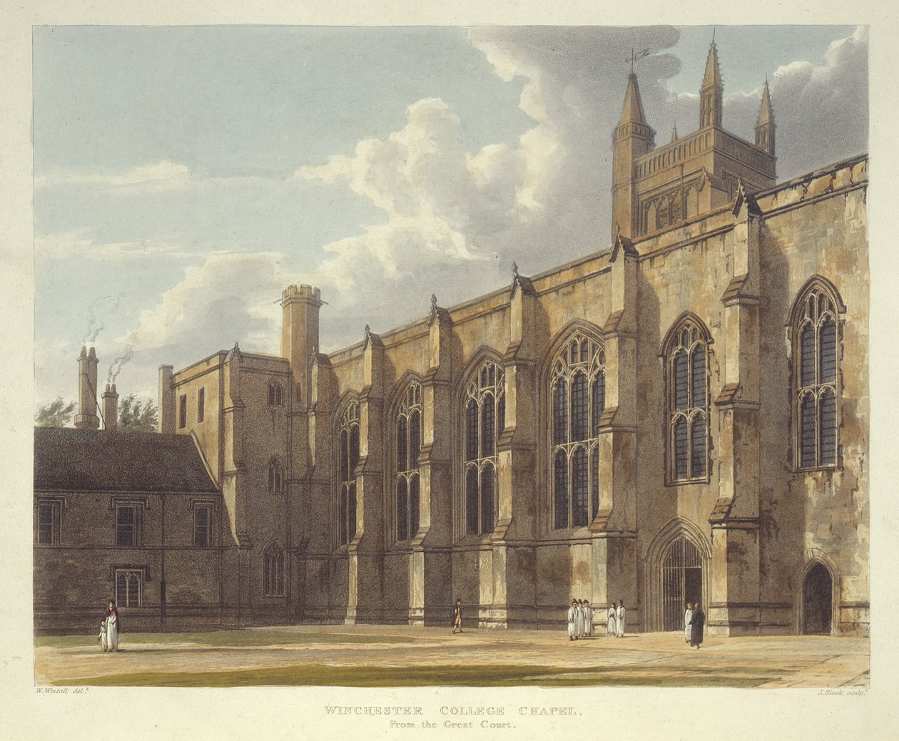 Winchester College Chapel a Great Courtból, a History of Winchester College-ból, a History of the Colleges része, vésette J. Bluck (fl.1791-1831) pub. R. Ackermann, 1816 (akvatinta) alkotó: William after Westall