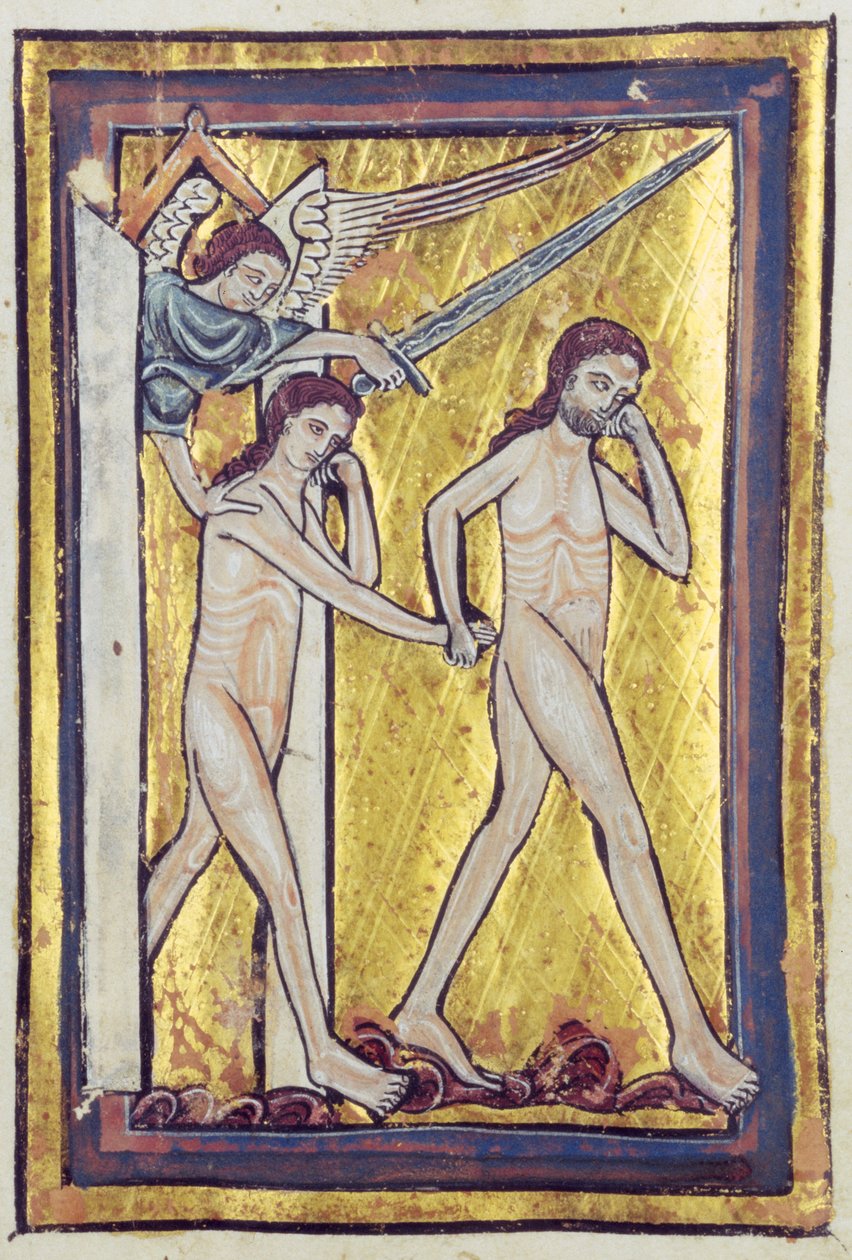 Ádám és Éva száműzve a Paradicsomból, a Bibliaképek könyvéből, 1250 körül alkotó: William de Brailes  