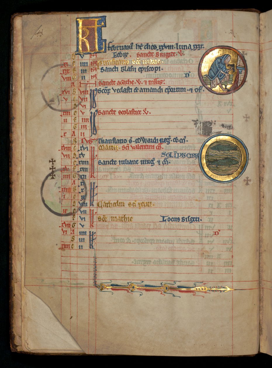 Ms 322 f.1v, február, egy férfi leveszi a cipőjét a tűz mellett, illusztráció a „De Brailes Psalter”-ből, 1250 körül alkotó: William de Brailes  