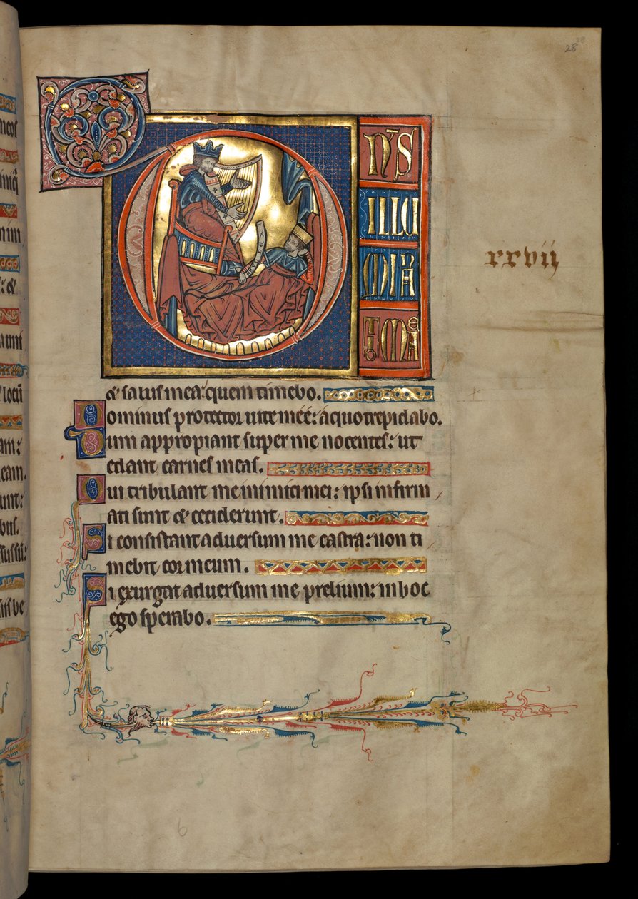 Ms 322 f.28r, Zsoltár 26, kezdőbetűje D, Dávid hárfázik Saul előtt, illusztráció a „De Brailes Psalter”-ből, 1250 körül alkotó: William de Brailes  