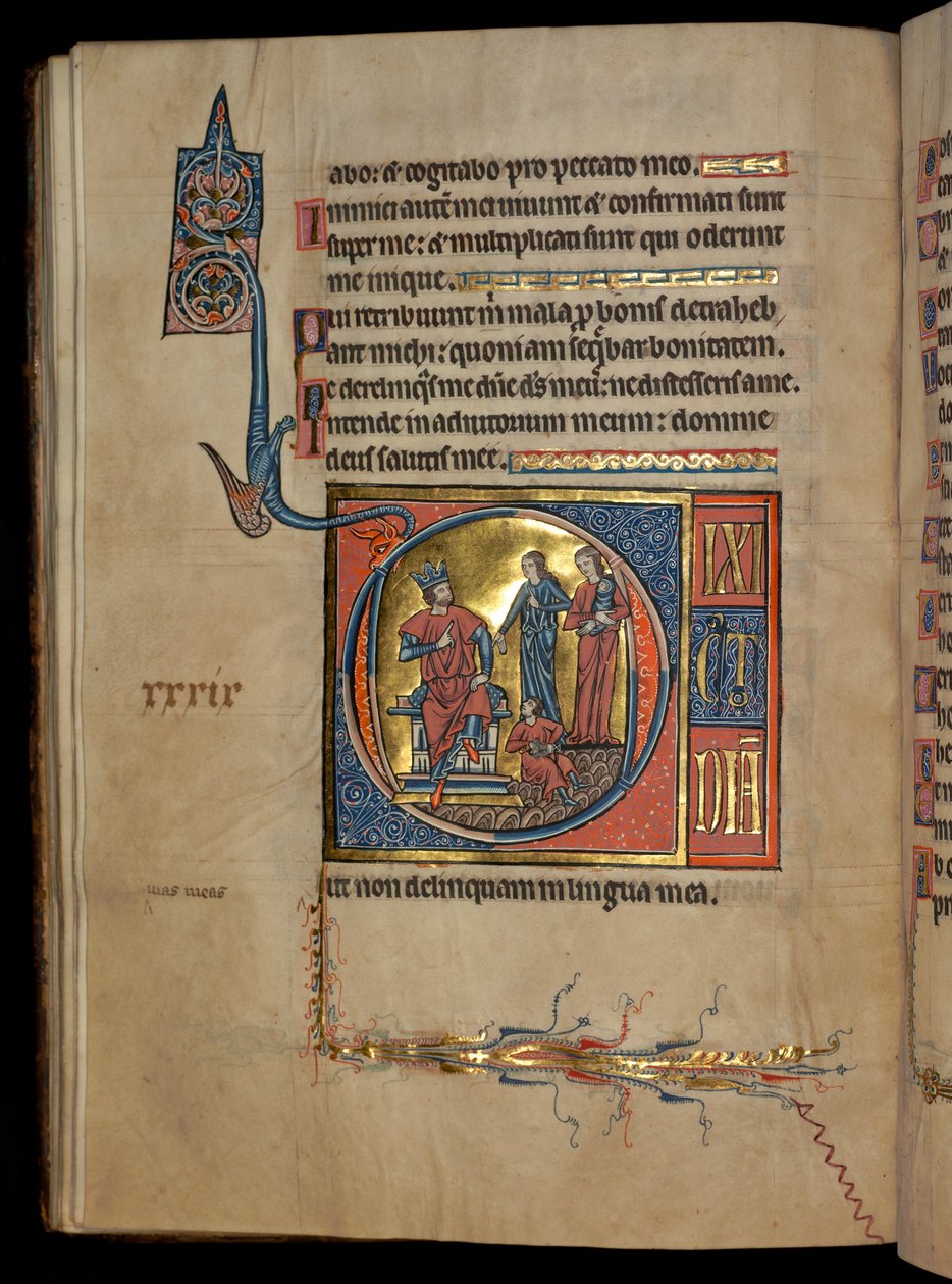 Ms 322 f.41v, 38. zsoltár, D kezdőbetű, Salamon ítélete, illusztráció a "De Brailes Psalter"-ből, 1250 körül. alkotó: William de Brailes  