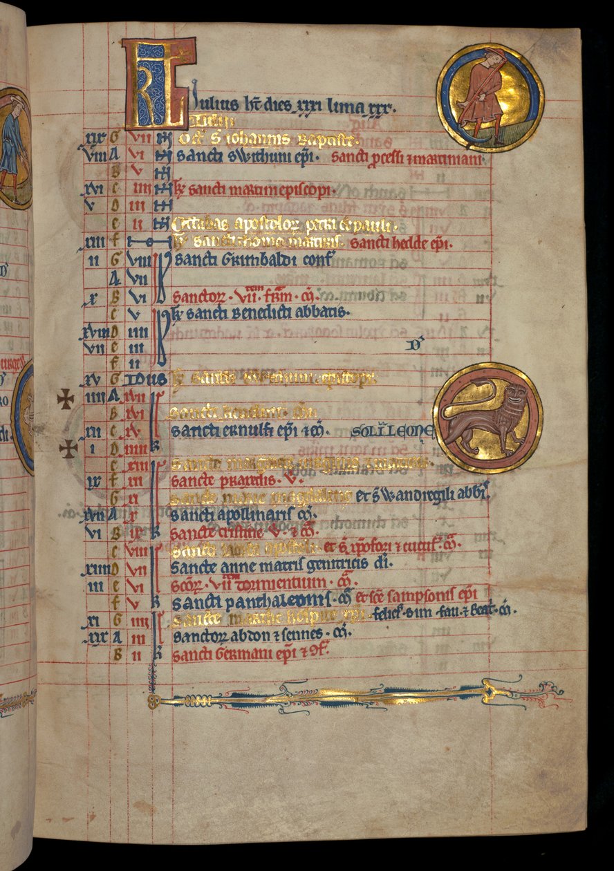 Ms 322 f.4r, július, kaszáló férfi, illusztráció a "De Brailes zsoltárból", 1250 körül. alkotó: William de Brailes  