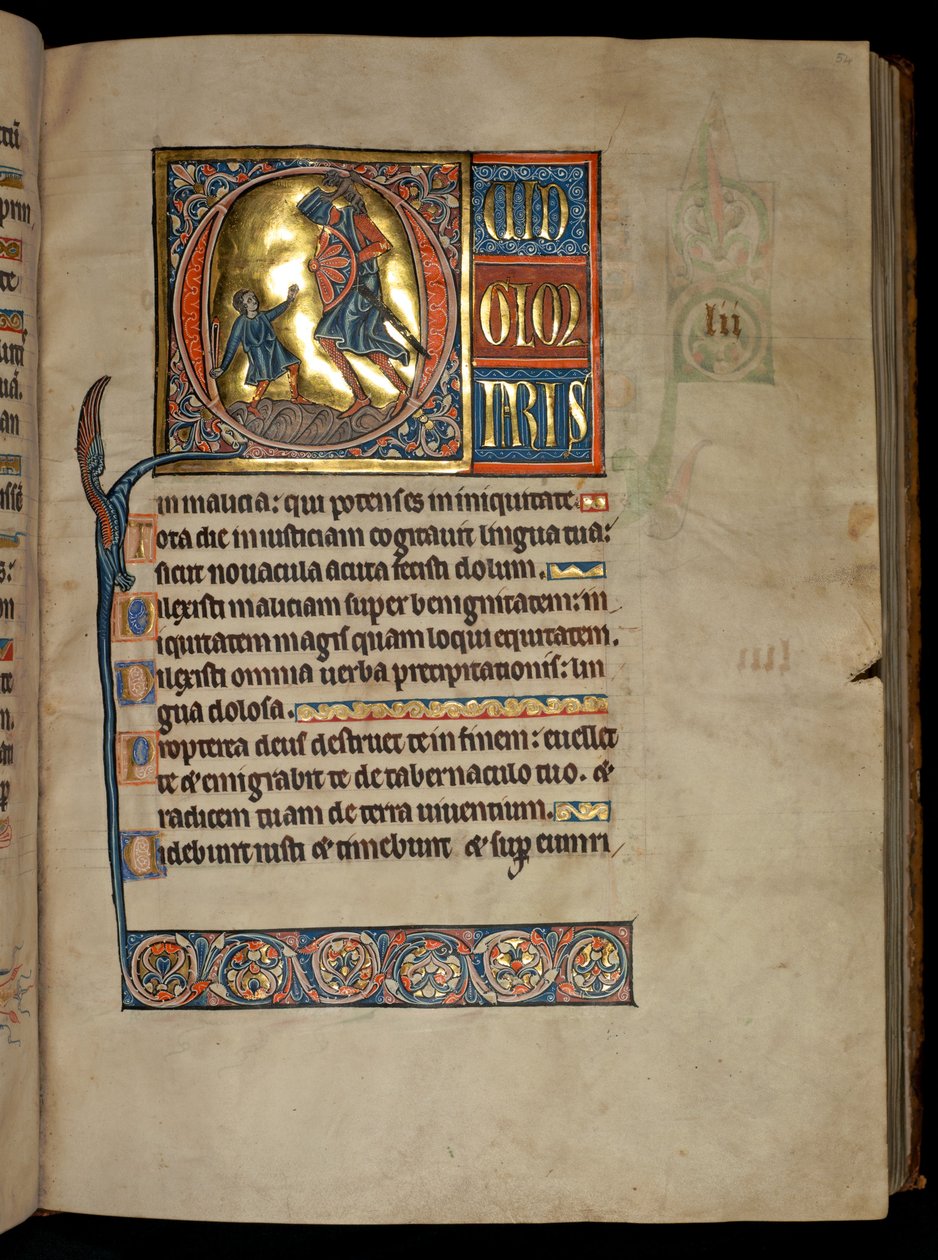 Ms 322 f.54r, 51. zsoltár, kezdő Q, Dávid és Góliát, illusztráció a „De Brailes Zsoltárból”, 1250 körül alkotó: William de Brailes  