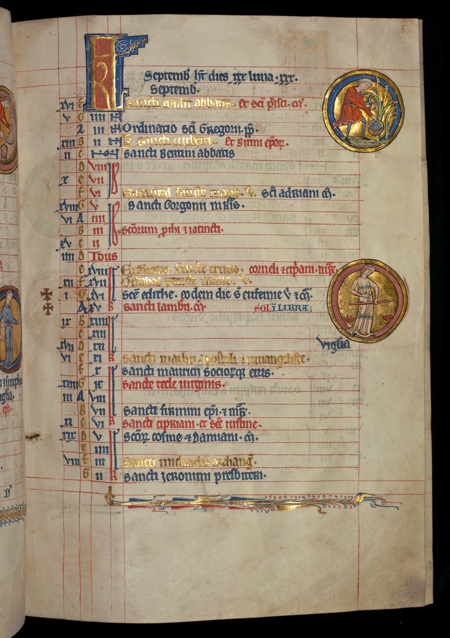 Ms 322 f.5r, szeptember, egy férfi gyümölcsöt szed, illusztráció a „De Brailes Psalter”-ből, 1250 körül alkotó: William de Brailes  