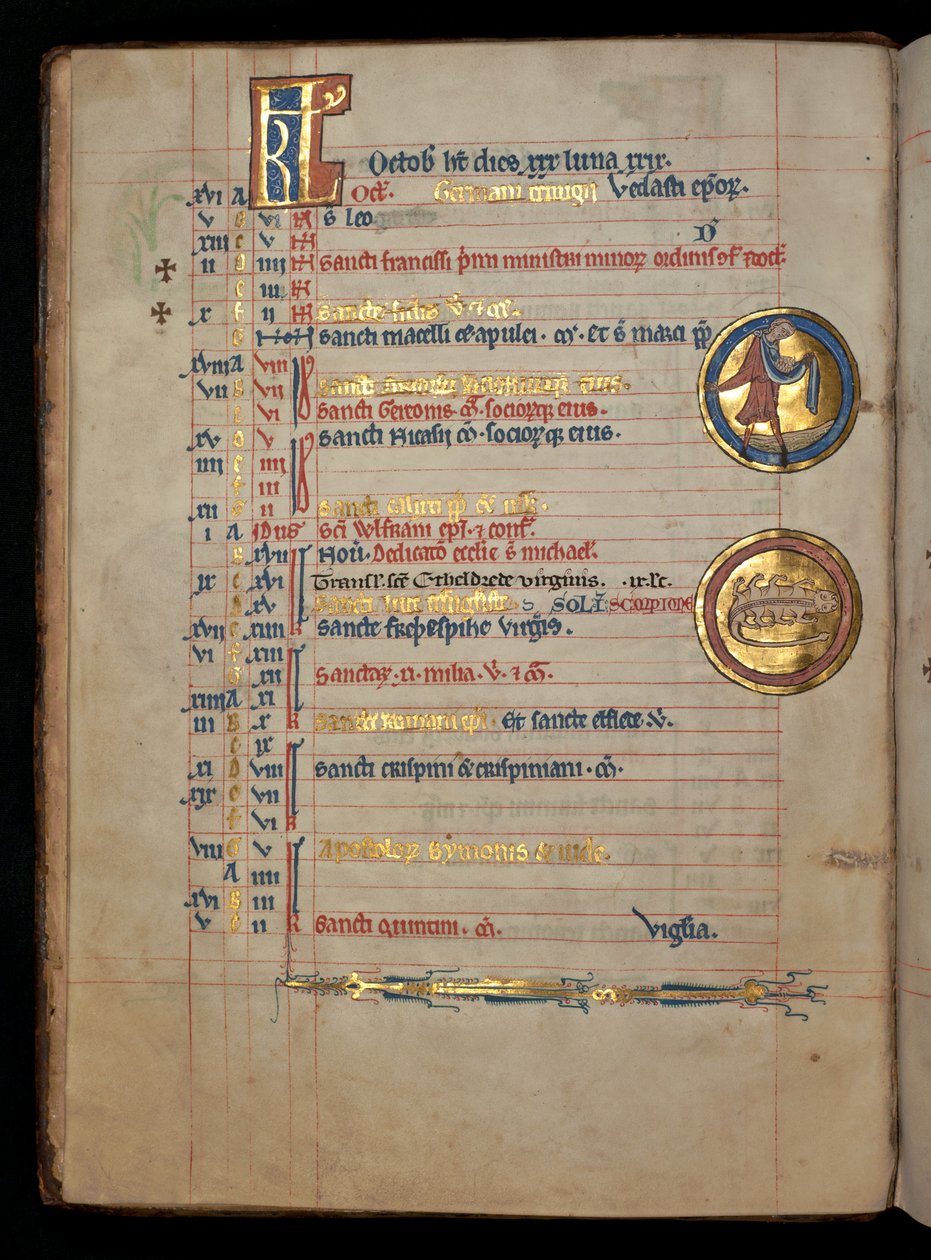 Ms 322 f.5v, október, egy ember vet, illusztráció a „De Brailes Psalter”-ből, 1250 körül alkotó: William de Brailes  