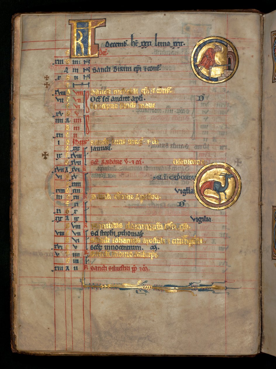 Ms 322 f.6v, December, egy férfi, aki kenyeret tesz a kemencébe, illusztráció a „De Brailes Psalter”-ből, 1250 körül alkotó: William de Brailes  