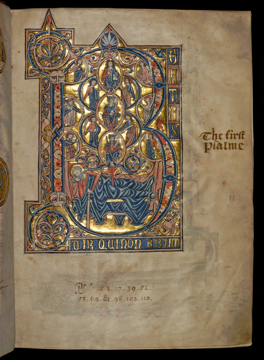 Ms 322 f.7r, 1. zsoltár, kezdőbetű B, Jesse fája, illusztráció a „De Braile Psalter”-ből, 1250 körül alkotó: William de Brailes  