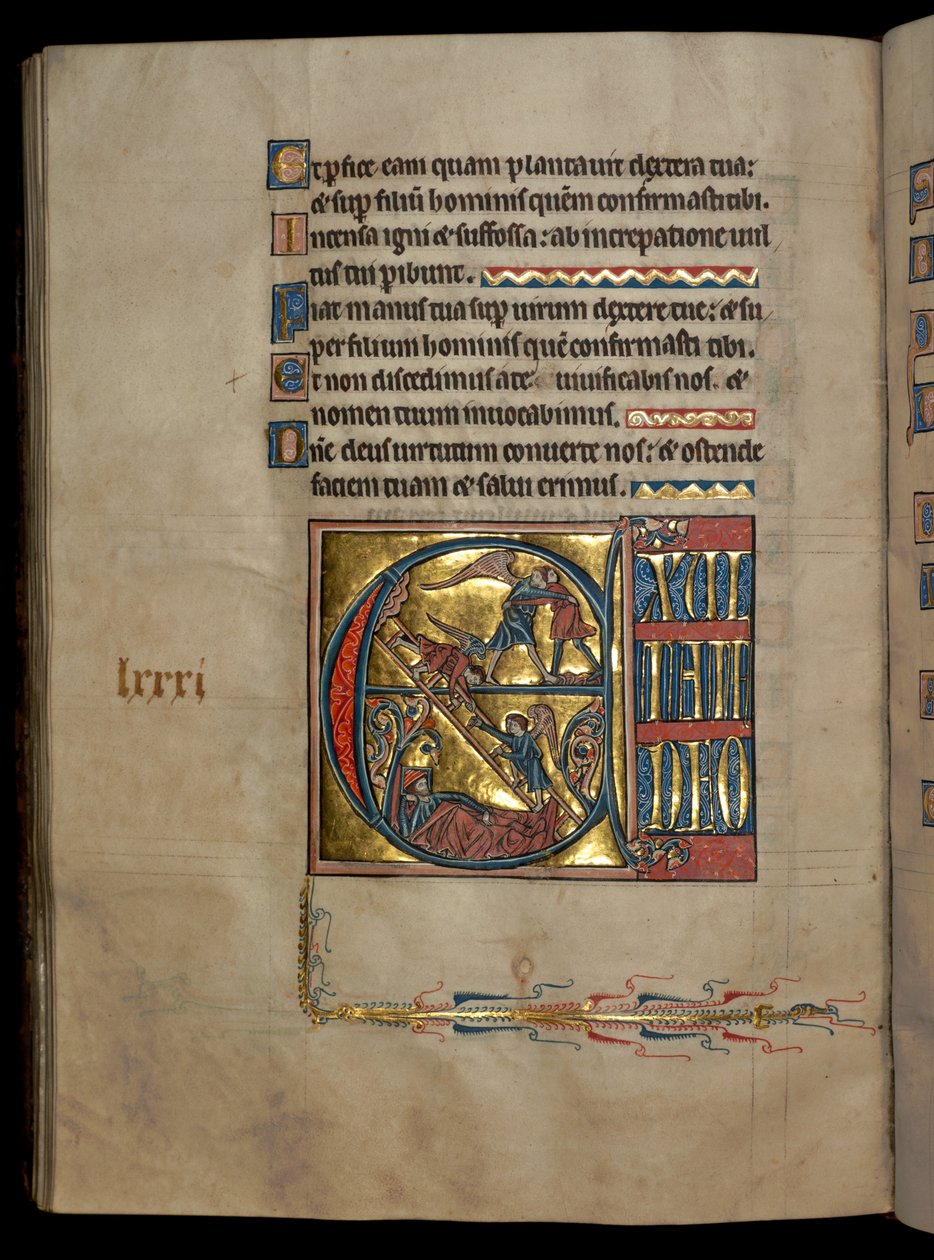 Ms 322 f.82v, 80. zsoltár, kezdeti E, Jákób birkózik az angyallal, Jákob álma, illusztráció a „De Brailes Psalter”-ből, 1250 körül alkotó: William de Brailes  