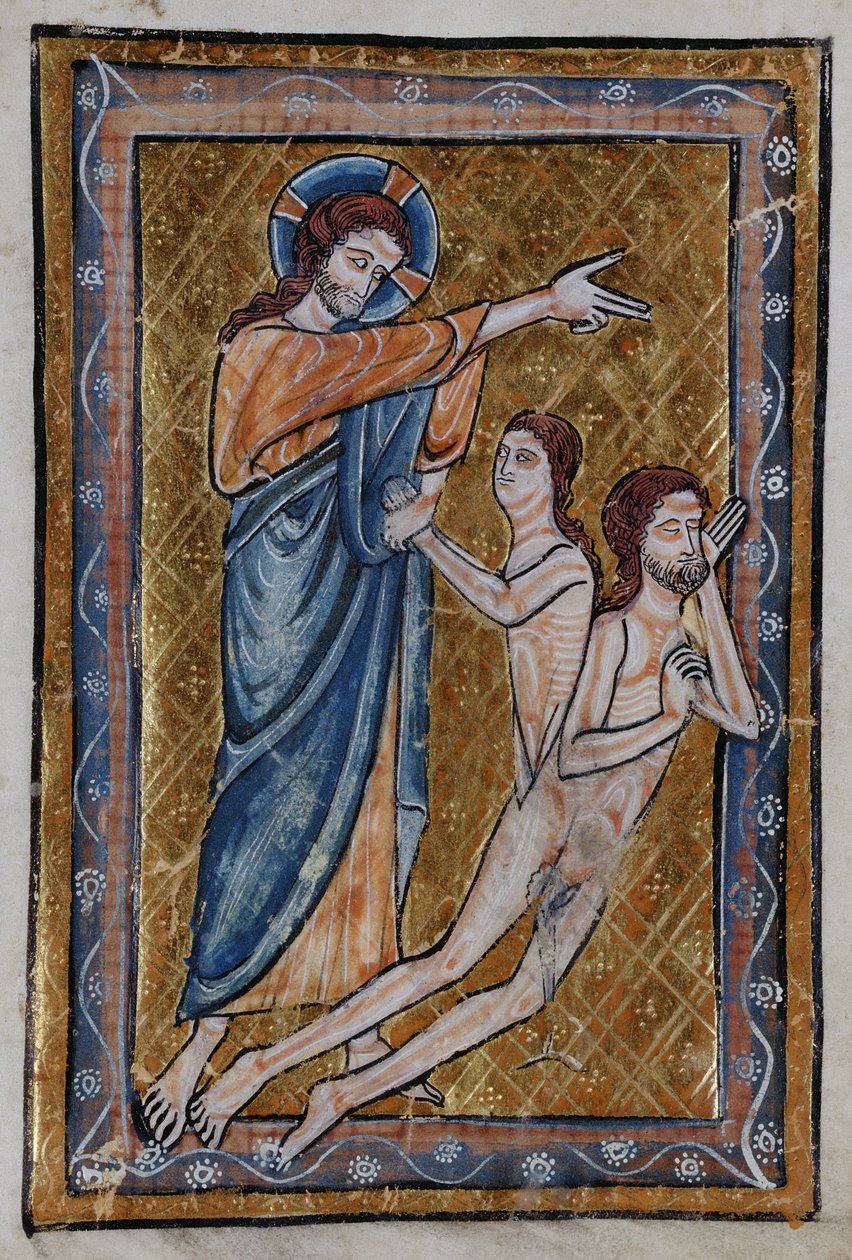 Ádám és Éva teremtése a Bibliaképek könyvéből, 1250 körül alkotó: William de Brailes  
