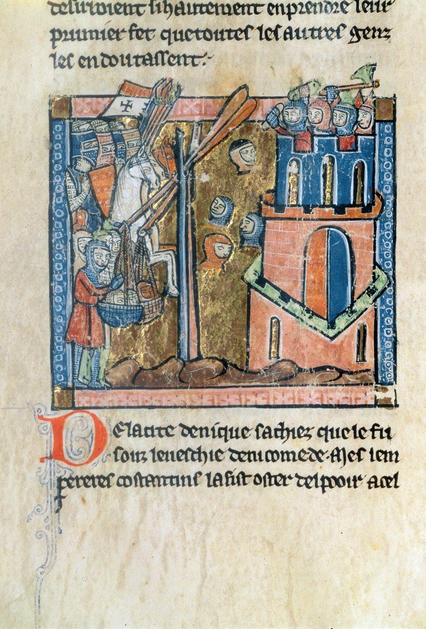 Fr.2630 f.22v A keresztesek fejekkel bombázzák Nicaeát 1097-ben, az Estoire d
