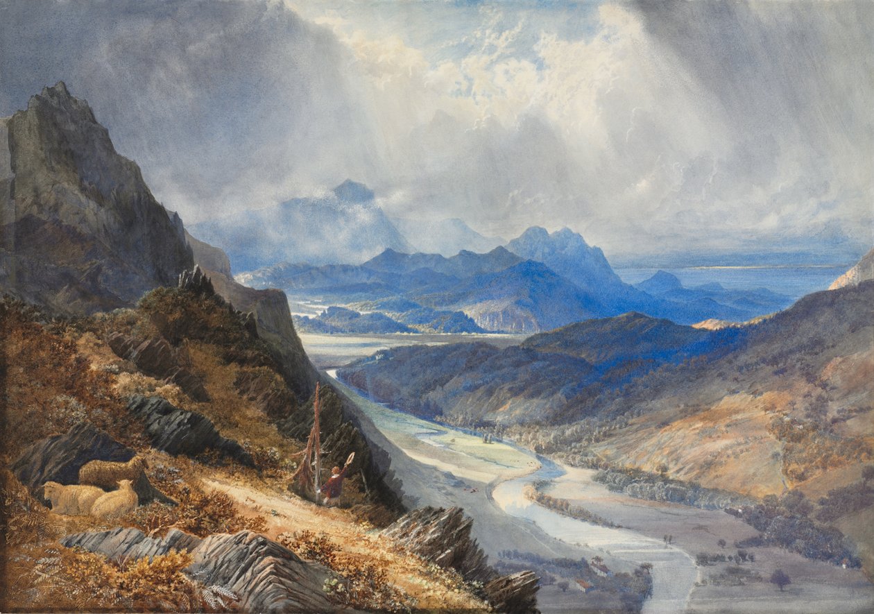 Kilátás Moel Cynwichből: Cader Idris felé, 1850 körül (akvarell, karcolással, fehérrel kiemelve). alkotó: William (1789 1862) Turner