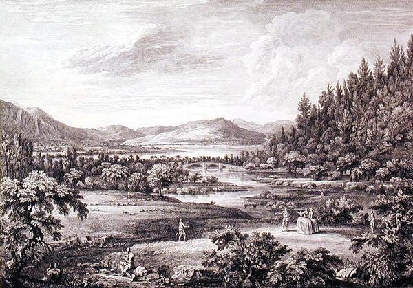 Kilátás Ullswater felől a Pooley Bridge felé, Chatelin és Cannot metszet (metszet) alkotó: William (after) Bellers