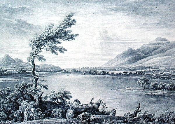 Derwentwater kilátása a Vicars-szigetről Skiddaw felé, Chatelin és Grignion metszetében (metszet) alkotó: William (after) Bellers