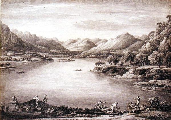 Az Ulswater-fő Patterdale felé néző látképe, metszet: Chatelin és Mason alkotó: William (after) Bellers