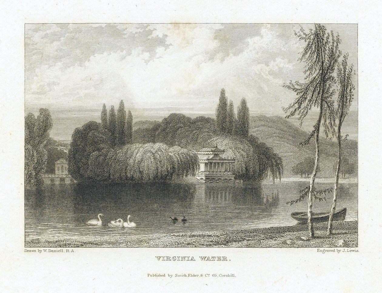 Virginia Water, Surrey-tó (Anglia), Windsor közelében, a tó közepén lévő szigeten lévő, fákkal körülvett kínai pavilon látképe. J. Lewis metszete William Daniell (1769-1837) után. alkotó: William (after) Daniell