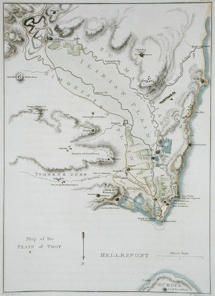 Trója síkságának térképe, a "Trója és környéke topográfiájából", Thomas Medland (1755-1823) metszete, megjelent 1804-ben (színes metszet). alkotó: William (after) Gell