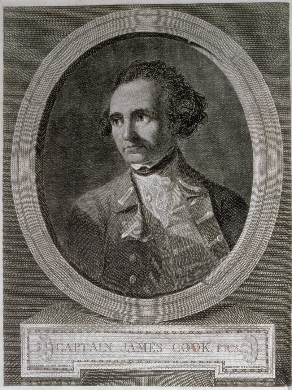 James Cook kapitány (1728-79) portréja, az „Utazás a világ körül a déli sarkig” című film előlapjáról (metszet) alkotó: William (after) Hodges