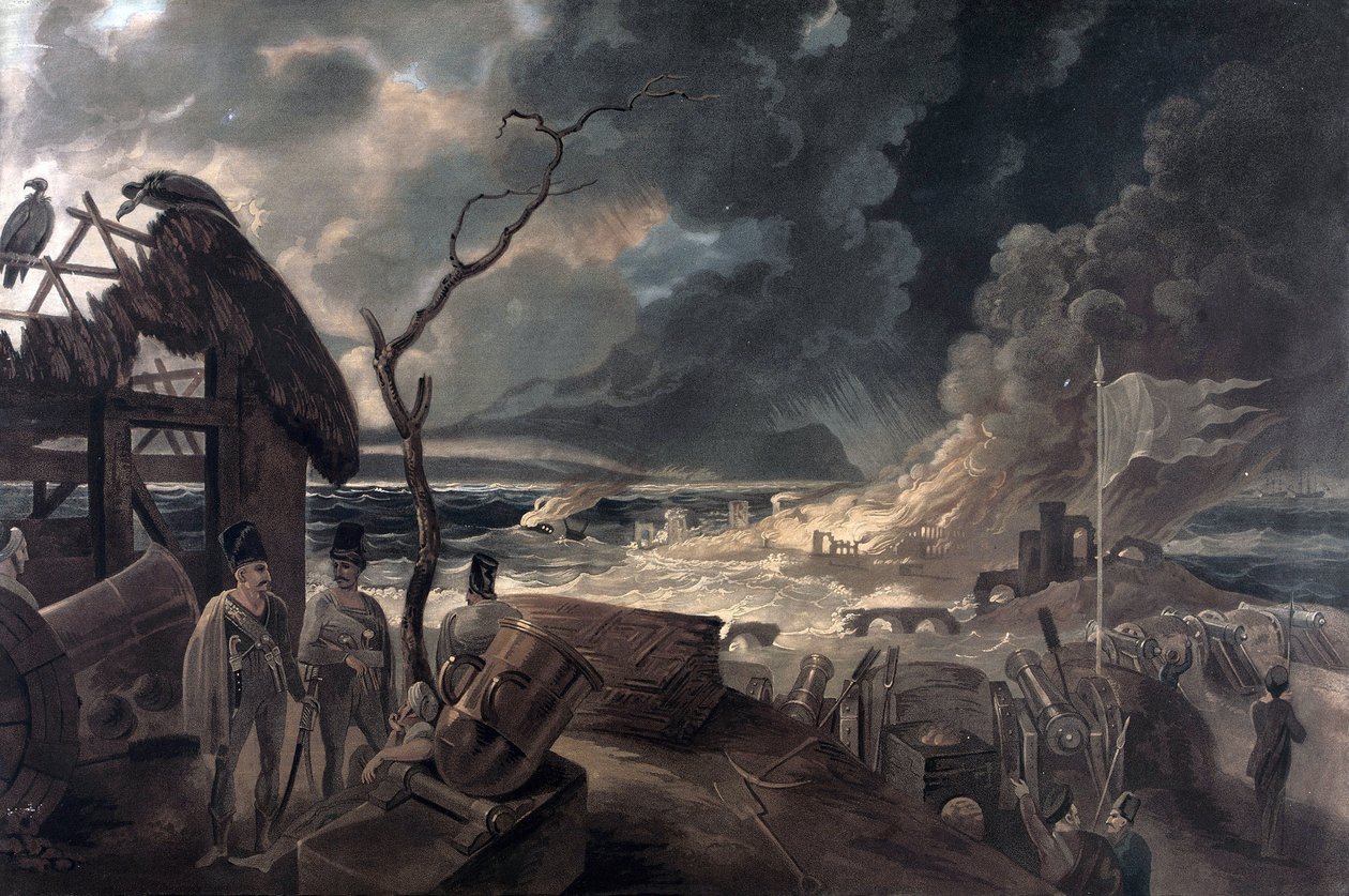 A háború következményei, jelenet katonákkal és ágyúkkal. Színes nyomat William Hodges (1744-1797) festménye alapján. alkotó: William (after) Hodges