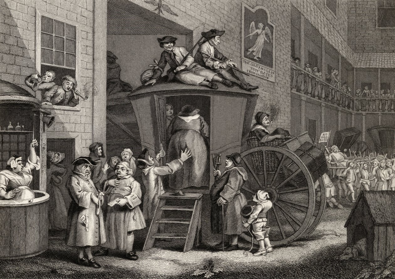 Country Inn Yard, Timothy Engleheart (1803-79) metszete a "The Works of Hogarth"-ból, 1833-ban (litho) alkotó: William (after) Hogarth