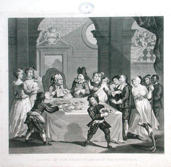 Sancho a lakomán, akit orvosa éheztetett, metszett Thomas Cook (1744-1818) (metszet) alkotó: William (after) Hogarth