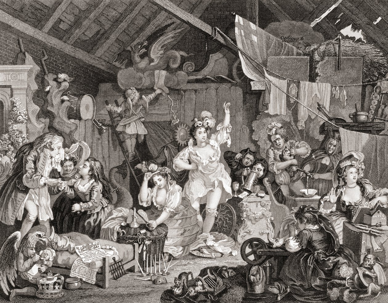 Sétáló játékosok próbálnak egy pajtában, G Presbury metszete, a The Works of Hogarth 1833-ban megjelent Londonból (f/w metszet) alkotó: William (after) Hogarth