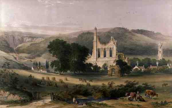 Byland Abbey délnyugatról, a Yorkshire kolostori romjaiból, vésette George Hawkins (1819-52) alkotó: William (after) Richardson