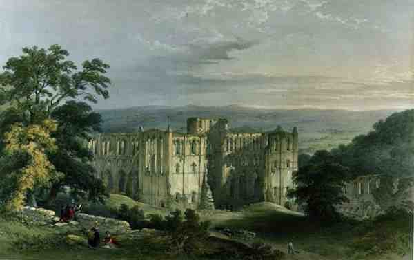 Rievaulx apátság a Rye Valley-ben, a Yorkshire kolostori romjaiból, George Hawkins metszete alkotó: William (after) Richardson