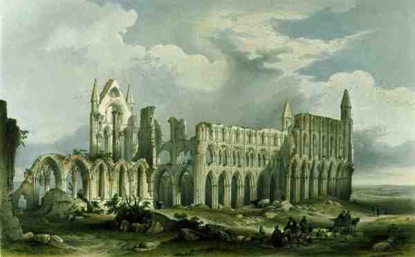 Whitby Abbey délnyugatról, a „Yorkshire kolostori romjai” című művéből, George Hawkins (1819-52) metszetében alkotó: William (after) Richardson