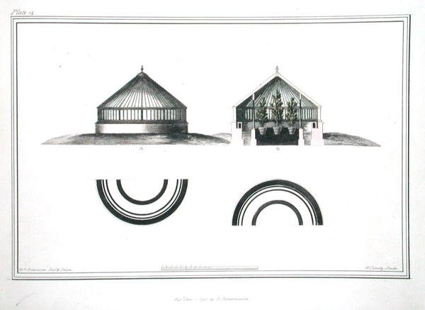 Üvegház terv, 14. tábla a „Különféle kályhák gyűjteményéből”, H. Schutz metszet, R. Ackermann kiadása alkotó: William (after) Robertson