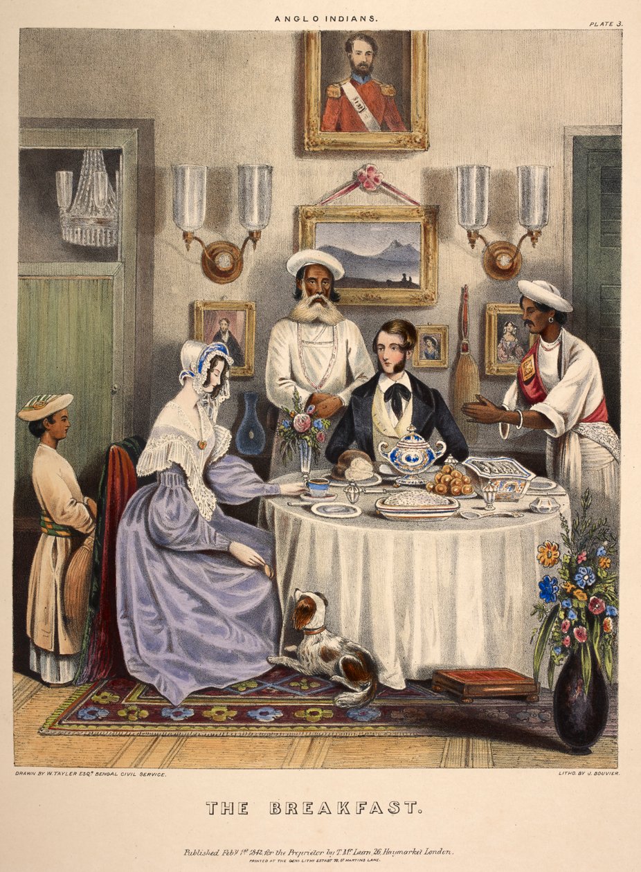 A reggeli. Egy fiatal házaspár (a Kelet-indiai Társaság köztisztviselője és felesége) sült halon, rizsen és Sylhet narancson reggelizik, szolgák jelenléte mellett. J. Bouvier litográfiája. alkotó: William (after) Tayler
