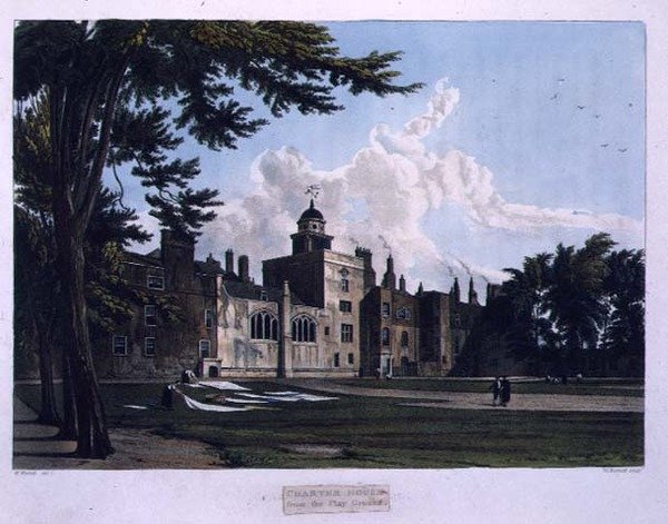 Charter House a Play Groundból, a „History of Charter House School”-ból, a „History of the Colleges” része, vésette William James Bennett (1787-1844) pub. R. Ackermann alkotó: William (after) Westall