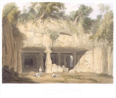 A Bombay közelében található Elephanta nagy barlangtemplomának külseje 1803-ban, a „India táj, jelmezek és építészet” II. kötetéből, S.G. Hughes metszetében, pub. Smith, Elder and Company alkotó: William (after) Westall