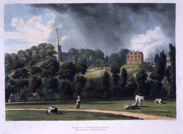 Harrow templom és iskola a krikettpálya mellől, a "History of Harrow School", a "History of the Colleges" részéből, metszette Joseph Constantine Stadler (1780-1812), kiadó: R. Ackermann. alkotó: William (after) Westall