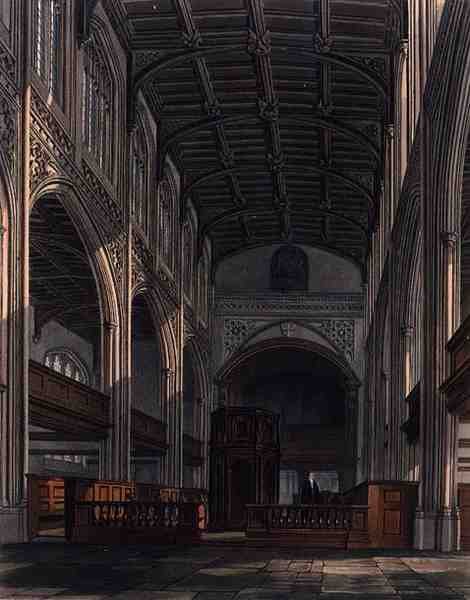 A cambridge-i Szent Mária-templom belseje, a "The History of Cambridge"-ből, Joseph Constantine Stadler (1780-1812) metszete, R. Ackermann kiadása. alkotó: William (after) Westall