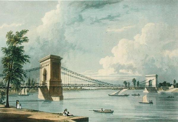 Függőhíd, Hammersmith, Ackermann "London mikrokozmosza" című művéből, metszette J. Baily. alkotó: William (after) Westall
