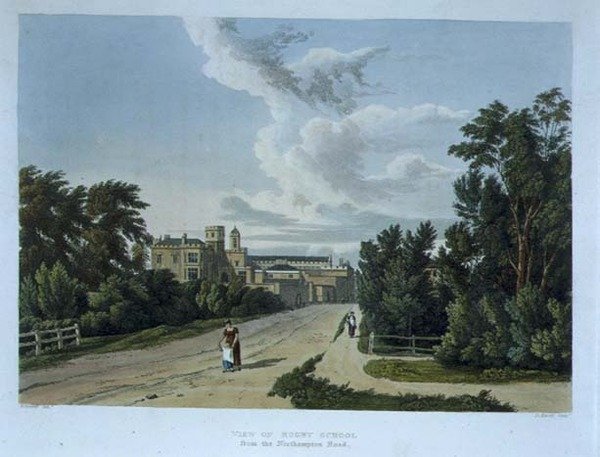 A Rugby School látképe a Northampton Road felől, a "History of Rugby School" című részből, a "History of the Colleges" részéből, Daniel Havell (1785-1826) metszete, kiadó: R. Ackermann. alkotó: William (after) Westall